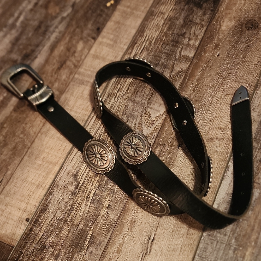 American Eagle Outfitters Black Leather Belt with Silver Buckle and Conchos